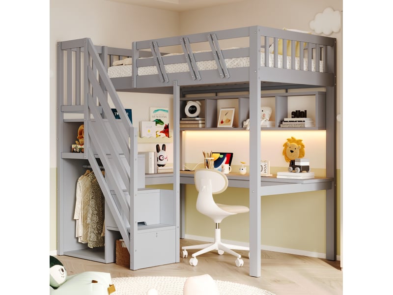 Lit mezzanine modenvie 90 x 200 cm avec bureau, rangements, led et prise usb gris - Conforama D
