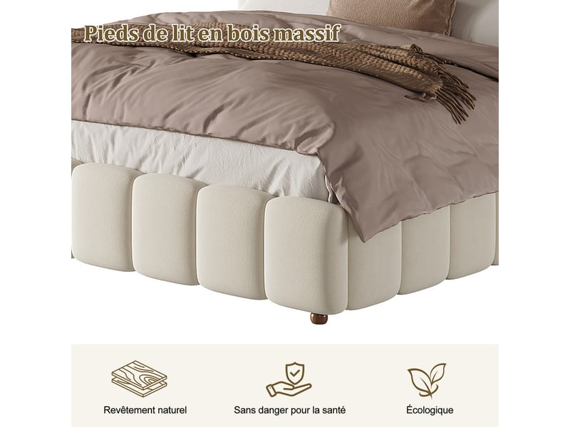  Lit coffre double 140 x190 cm avec mécanisme de rangement hydraulique, sommier à lattes, revêtement en velours,beige  - Conforama E