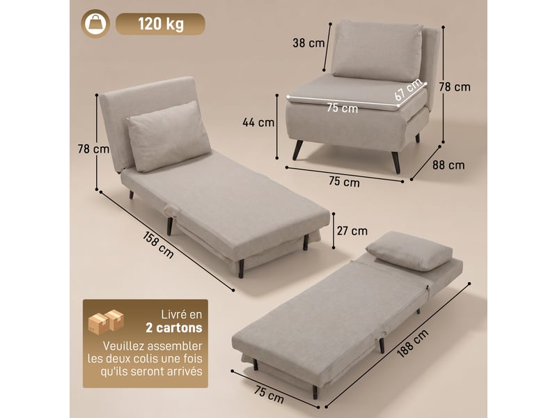  Fauteuil convertible 1 place clic-clac en tissu marron clair 75x88x78 cm  - Conforama C