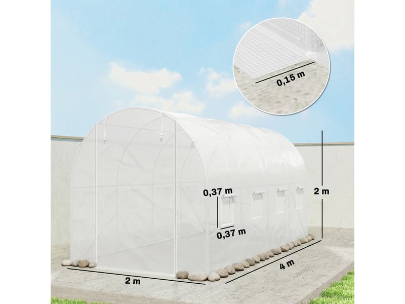  Film de serre 4 x 2 m, film de jardin imperméable avec porte, 8 fenêtres, protection uv, polyéthylène indéchirable, film blanc uniquement  - Conforama E
