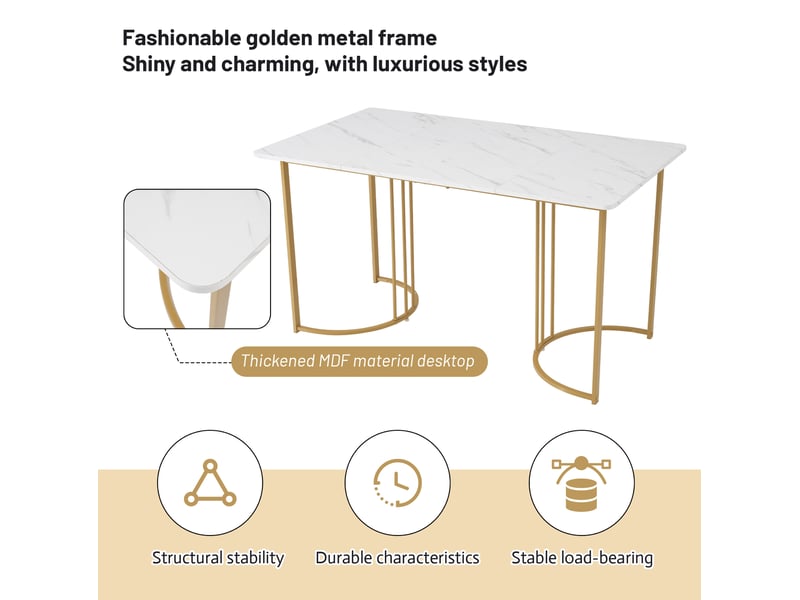  Ensemble repas 5 pièces, table en mdf motif marbre avec piétement en métal réglable, 4 chaises velours, blanc marron  - Conforama E