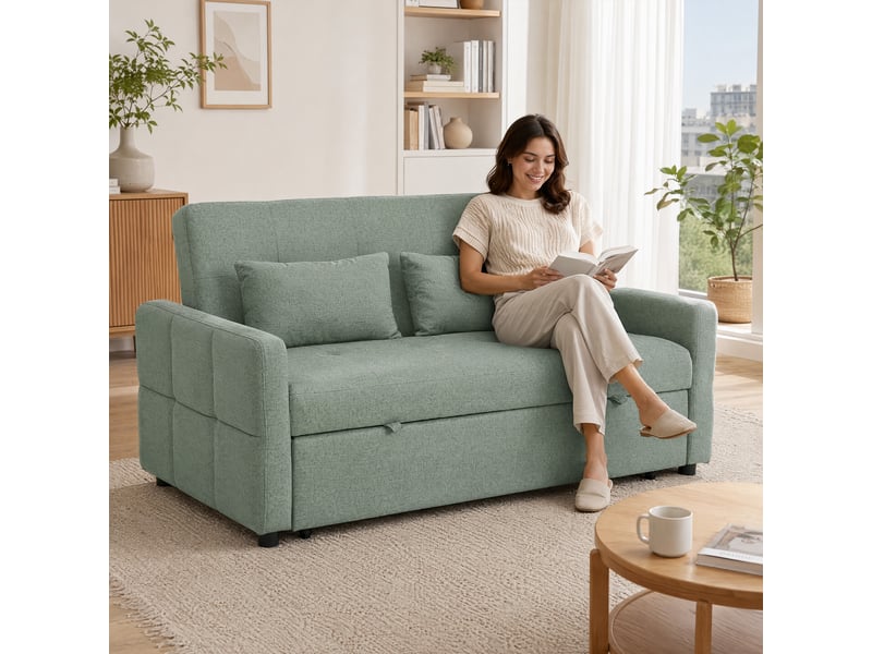 Canapé convertible 2 places 3 en 1, canapé-lit clic clac 160 cm, dossier réglable, 2 oreillers, assise large, vert  - Conforama D