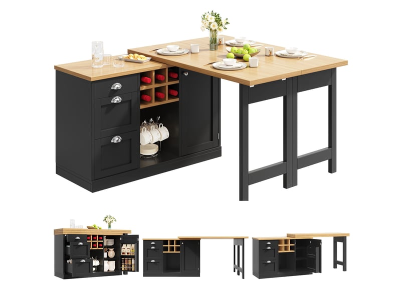 Îlot de cuisine extensible noir,avec 3 tiroirs et table à manger,rotation 360°, casier à vin, pliable, solide,mdf et métal,120x40x74cm - Conforama A