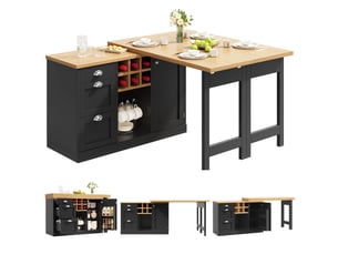 Îlot de cuisine extensible noir,avec 3 tiroirs et table à manger,rotation 360°, casier à vin, pliable, solide,mdf et métal,120x40x74cm