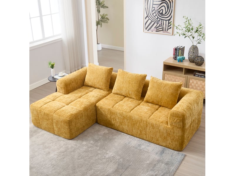  Canapé d'angle 250x158x60cm, poches latérales range-télécommande, 3 coussins inclus, 3 places, revêtement en tissu jaune  - Conforama B