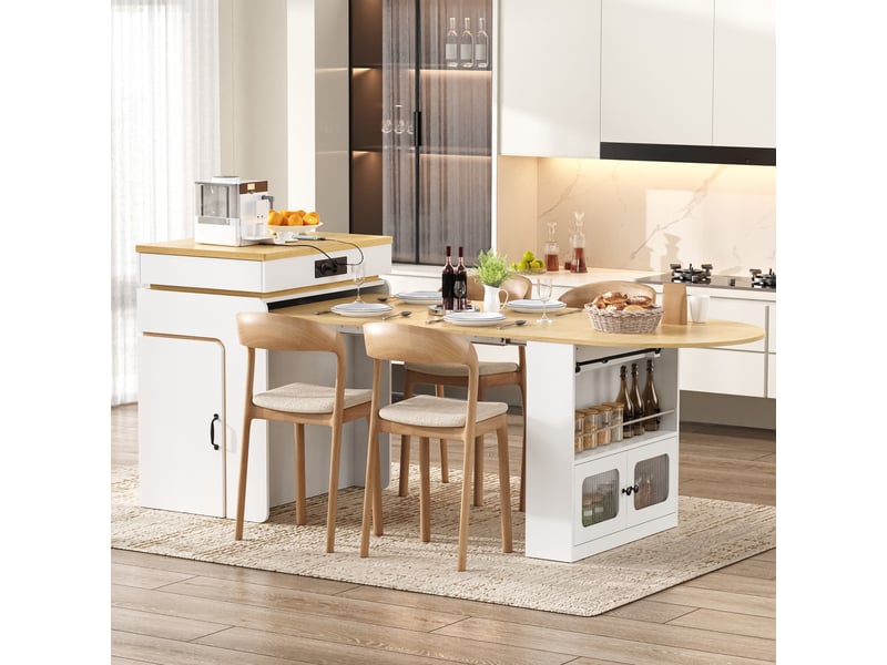  Îlot de cuisine sur roulettes table extensible 55-194 cm led multiprise usb 2 tiroirs blanc  - Conforama B