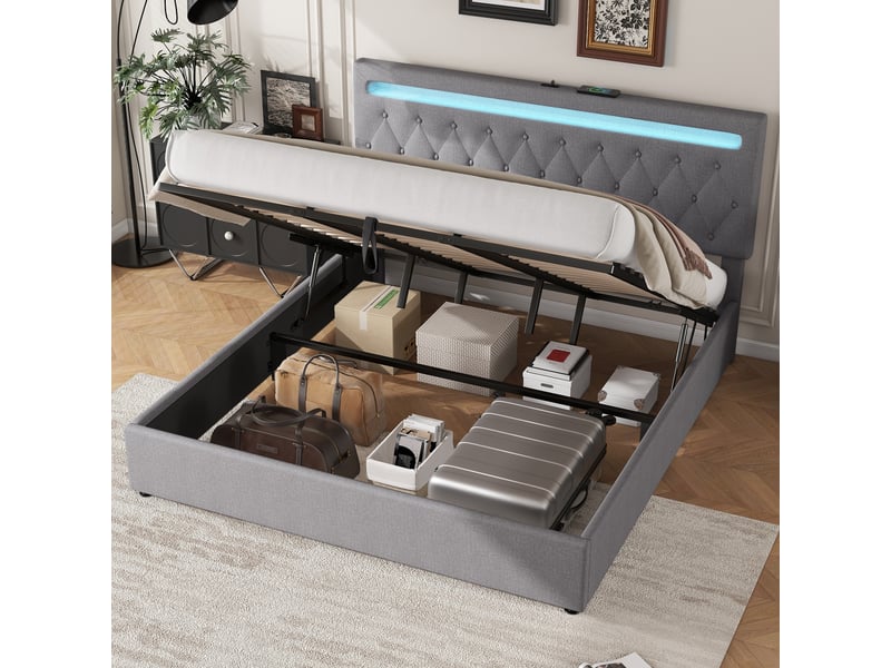  Lit coffre adulte 180x200cm, lit double avec led, usb, tête de lit réglable haut, sommier, tissu lin, gris sans matelas  - Conforama B