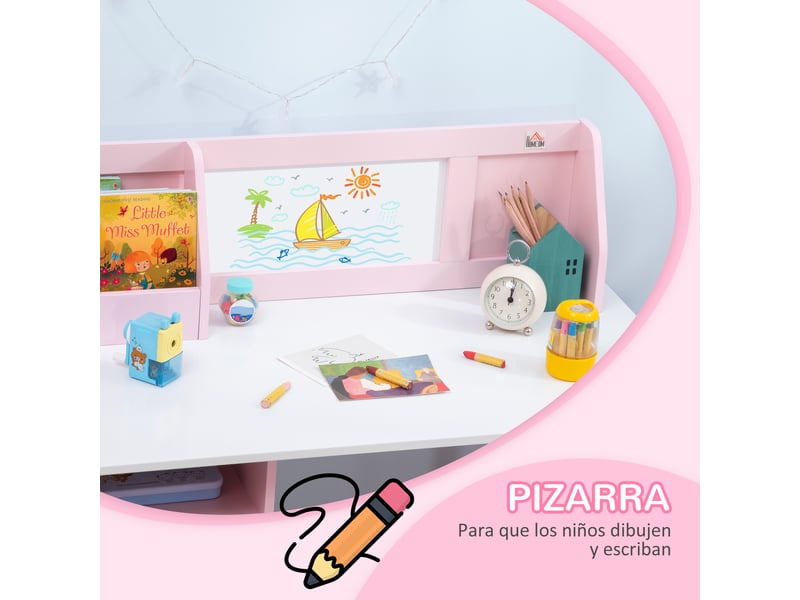  Bureau enfant avec chaise rose 90 x 45 x 85 cm avec tableau blanc et rangement  - Conforama W