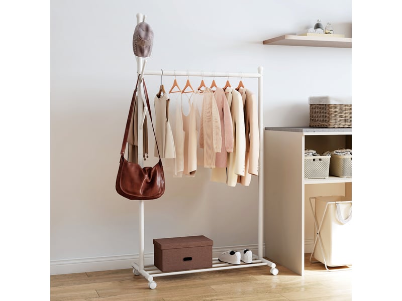  Porte-manteau à roulettes, 5 crochets et étagère à chaussures inférieure, en métal, charge maximale 9 kg, blanc  - Conforama C