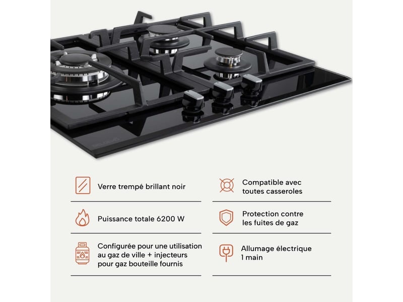 Beldeko plaque de cuisson gaz 3 feux 60 cm verre noir - grilles fonte - marque française - Conforama D