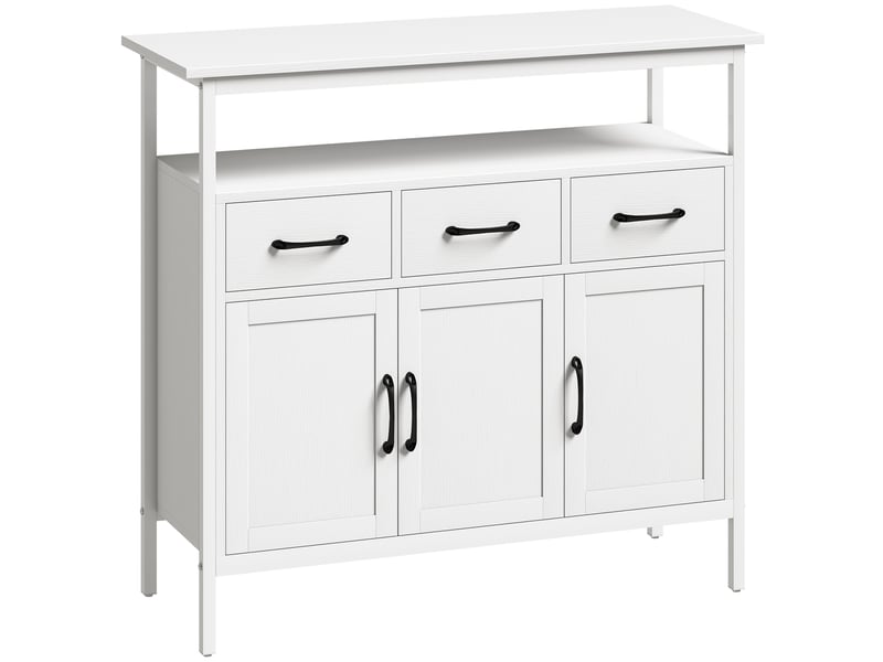  Buffet cuisine, meuble de rangement, 3 portes, 3 tiroirs, compartiment ouvert et étagères réglables, blanc, 95x35x88cm  - Conforama B
