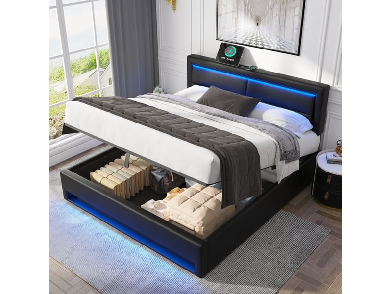 Modenvie lit coffre rembourré 140x190 cm - usb, charge sans fil et éclairage led, sans matelas - noir - Conforama B