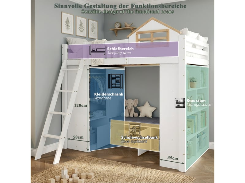  Lit mezzanine enfant 90 × 200 cm 1 place avec armoire, étagères et banquette, sans matelas, en bois blanc et naturel  - Conforama E