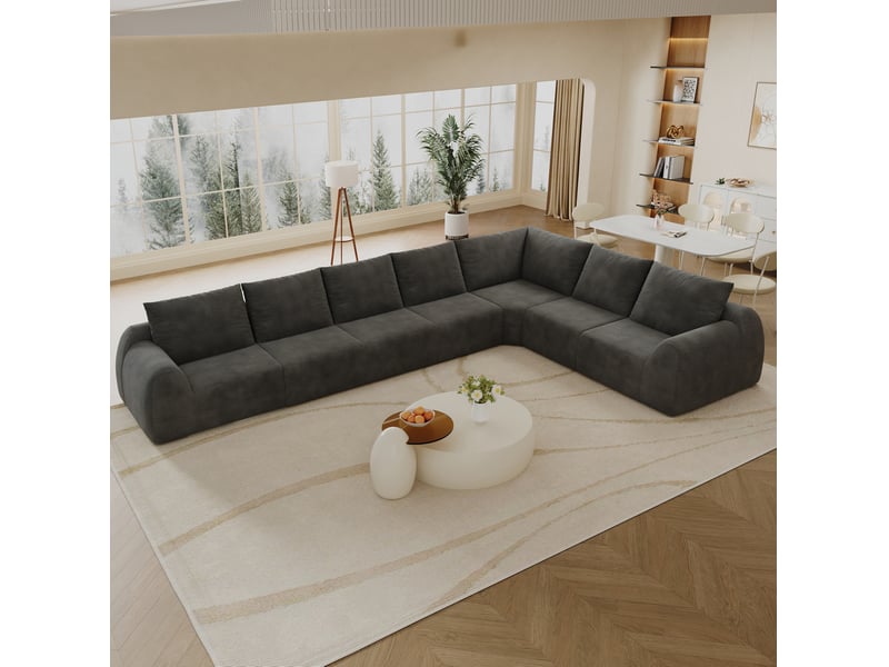 Canapé d'angle 7 places compressé en mousse haute élasticité sans montage, en chenille gris foncé - Conforama B