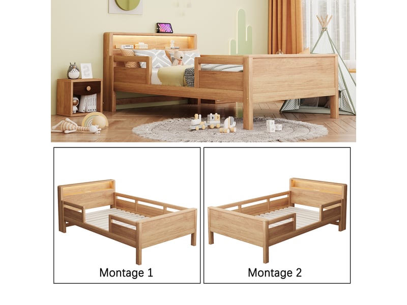  Lit simple 90x200 cm, lit enfant, led, port usb, tête de lit avec rangement, bois de pin bois naturel  - Conforama E