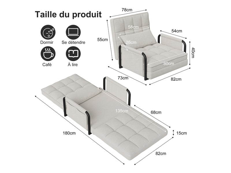 Fauteuil canapé-lit convertible 1-place - blanc crème beige - 180 x 82 cm - meuble salon et chambre d'amis, réglable sur 5 niveaux - Conforama B