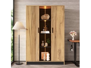 Bibliothèque avec 2 portes, niche ouverte et étagères réglables led pour salon et bureau 95 × 35 × 160 cm