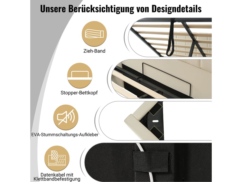  Lit rembourré 180x200 rayofi - coffre de rangement hydraulique, éclairage led 360°, ports usb-c et usb, matelas inclus, lin beige  - Conforama W