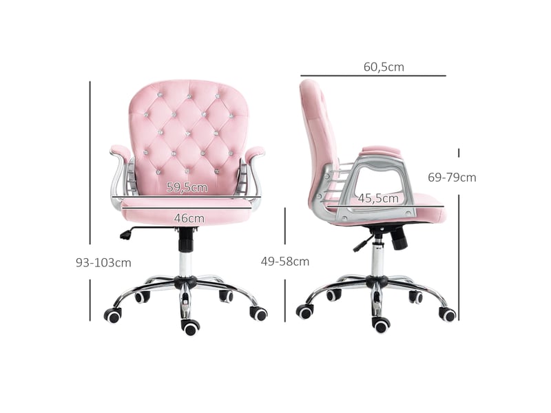  Chaise de bureau en velours rose, réglable en hauteur, avec accoudoirs et ornements en forme de diamant, 59,5 x 60,5 x 93-103 cm  - Conforama D