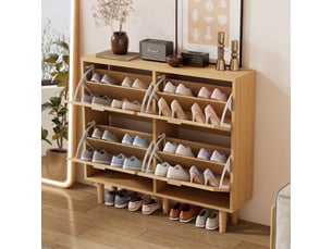 Meuble à chaussures 100x25x90 cm avec 4 portes abattantes, façades cannage et poignées métal, gain de place - Chêne clair