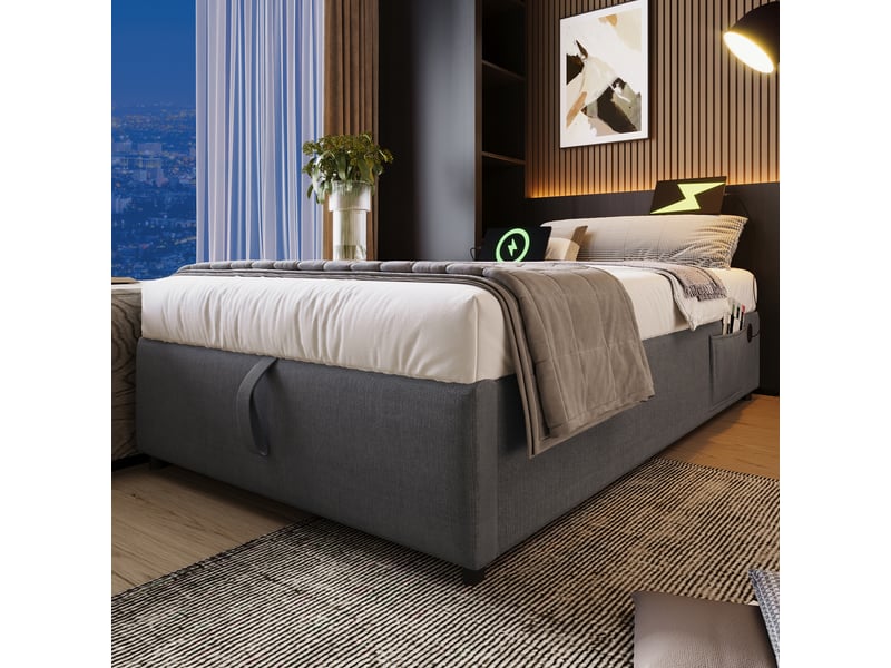  Sommier coffre 90x200 cm avec usb-c et poches latérales, lin, gris, sans matelas  - Conforama W