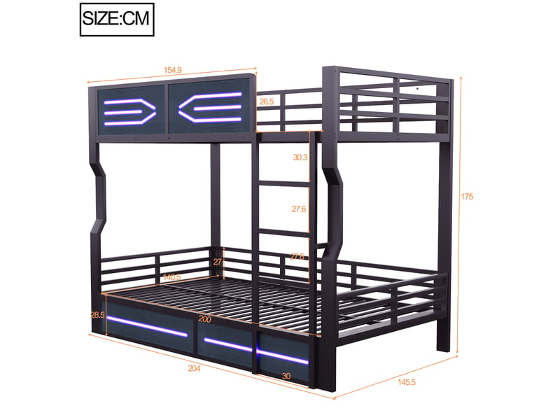 Lit superposé 2 places 140x200 cm avec led - lit adolescent - barrière de sécurité - cadre métal noir - Conforama C