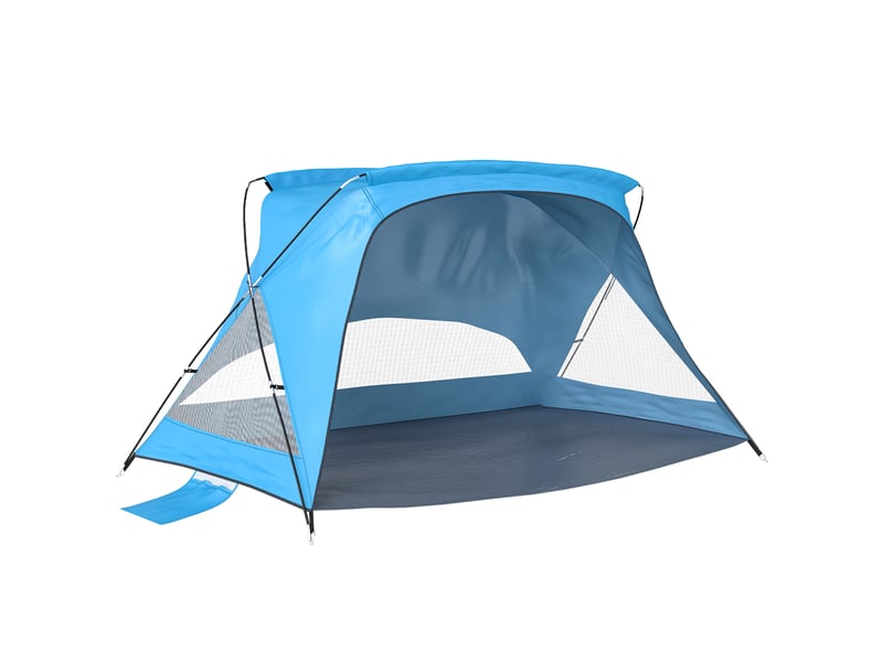  Tente de plage pour 2 à 3 personnes avec sacs de sable, porte, fenêtres, protection solaire upf30+, sac de transport et poche bleu ciel  - Conforama A