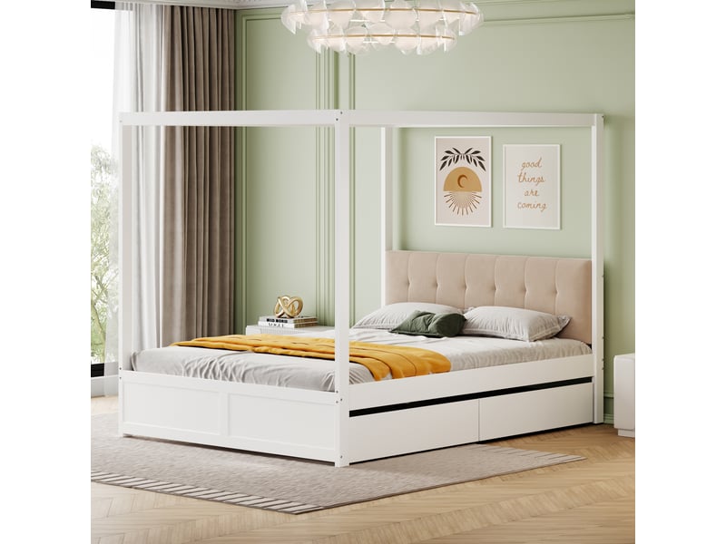  Lit cabane 140x200 blanc avec tiroirs et tête de lit rembourrée, sans matelas  - Conforama E