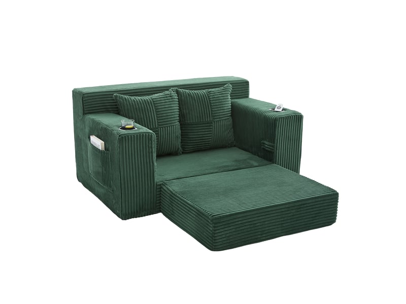 Canapé droit convertible 2 places en velours côtelé vert émeraude avec pouf, rangements et porte-gobelet  - Conforama A