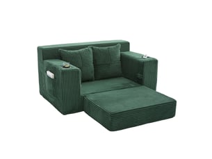 Canapé droit convertible 2 places en velours côtelé vert émeraude avec pouf, rangements et porte-gobelet