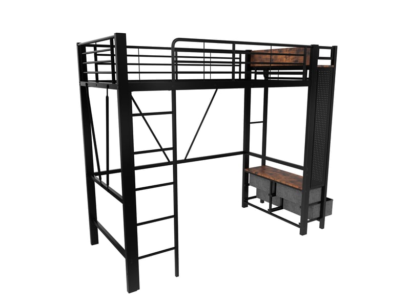  Lit mezzanine noir 90x200 cm avec 4 tiroirs, étagères, led, usb et type-c  - Conforama D