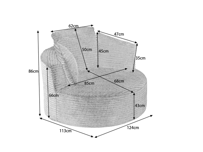 Fauteuil fixe rond 1 place en velours côtelé vert, format 124 × 113 × 86 cm, confort nuage pour salon et chambre - Conforama C