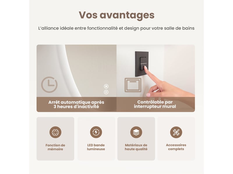  Miroir salle de bain led emke 70 x 50 cm, forme goutte, anti-buée, 3 températures, intensité réglable, tactile  - Conforama D