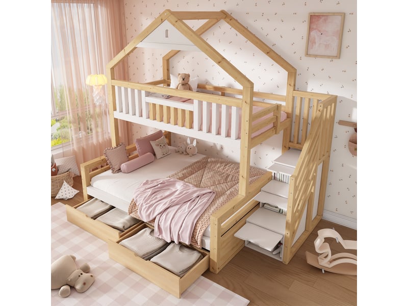  Lit superposé enfant 90x200 et 140x200 cm blanc et chêne avec rangement  - Conforama E