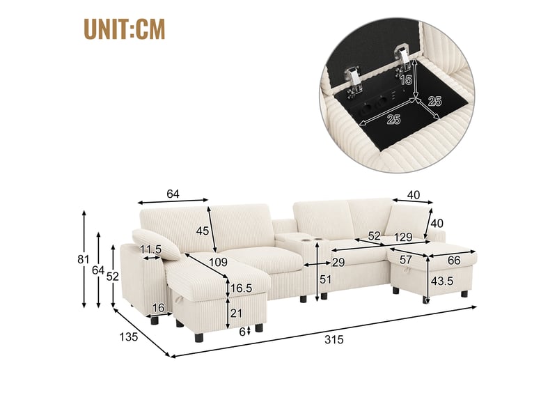  Canapé en u velours côtelé beige avec 2 poufs et ports usb intégrés  - Conforama B