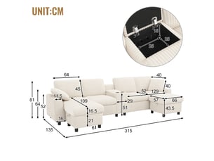 Canapé en u velours côtelé beige avec 2 poufs et ports usb intégrés