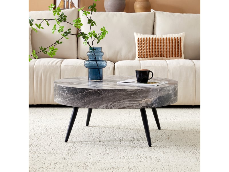  Table basse ronde 70 cm avec pieds réglables et patins antidérapants - lpospi - mdf effet marbre gris, métal noir  - Conforama C