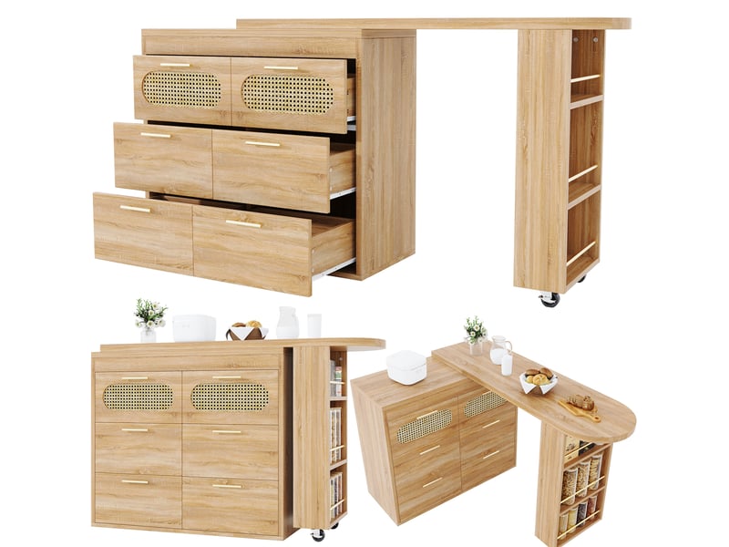 Table haute pivotante avec 6 tiroirs et rangement latéral, sécurité anti-basculement pour cuisine en mdf nature - Conforama A