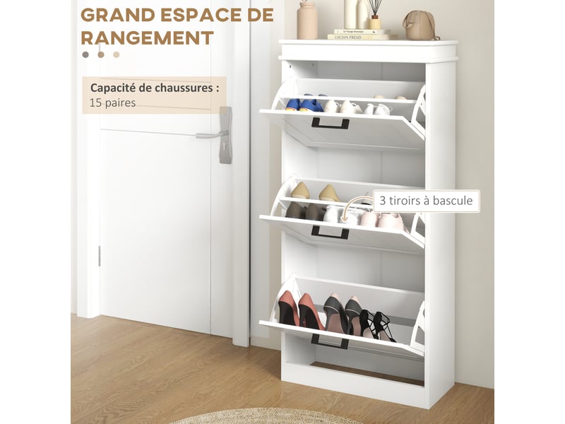  Meuble à chaussures, 3 portes abattants 15 paires, étagères réglables, pour entrée, couloir, 54 x 24 x 117,5 cm, blanc  - Conforama E