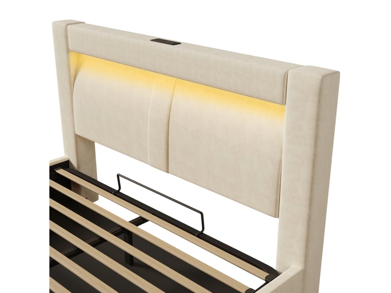  Lit coffre 160x200 cm hydraulique avec led, ports usb et type-c, velours beige, avec matelas  - Conforama D