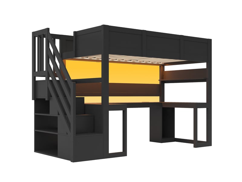  Lit mezzanine enfant 90x200 cm – noir – bureau gaming, led 7 couleurs, usb, escalier rangement - sans matelas  - Conforama D