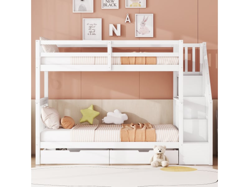  Lit superposé 90x200 cm, étagère d'escalier, équipé de deux tiroirs, barrières de sécurité hautes, sans matelas, blanc  - Conforama B