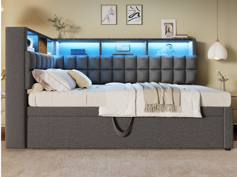  Lit gigogne,90x200 cm,avec extension 90x190cm,bluetooth,usb type-c,led,lin,gris  - Conforama B