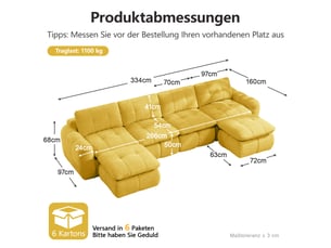 Canapé modulable sans cadre en u 4 places jaune, chenille, capitonnage quadrillé, assise profonde, avec 2 poufs, sans montage