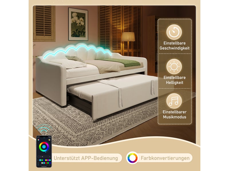  Lit de jour avec lit gigogne 90x200 à 180x200 cm, canapé lit en velours beige, bande led, tête de lit ondulée  - Conforama E