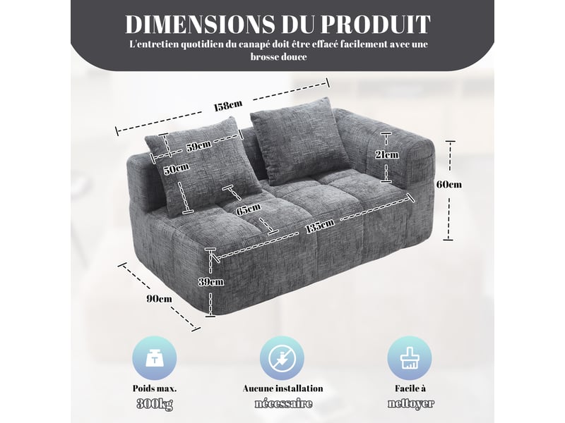  Canapé droit 2 places en chenille grise 158 x 90 x 60 cm, avec coussin et poches latérales, pour salon 158x90x60cm - Conforama C