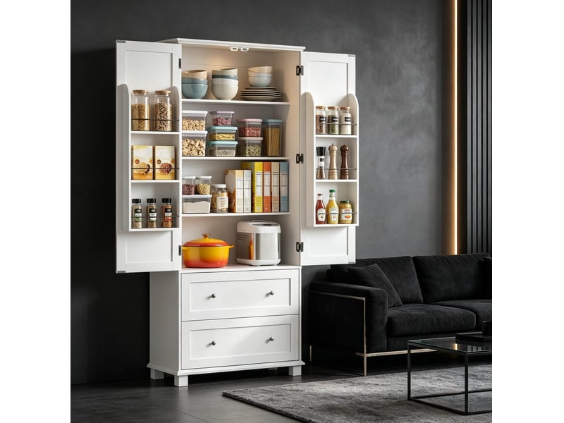  Buffet de cuisine 80x39,5x184,5 cm blanc mdf, 2 portes, 2 tiroirs, rangement avec étagères réglables  - Conforama B