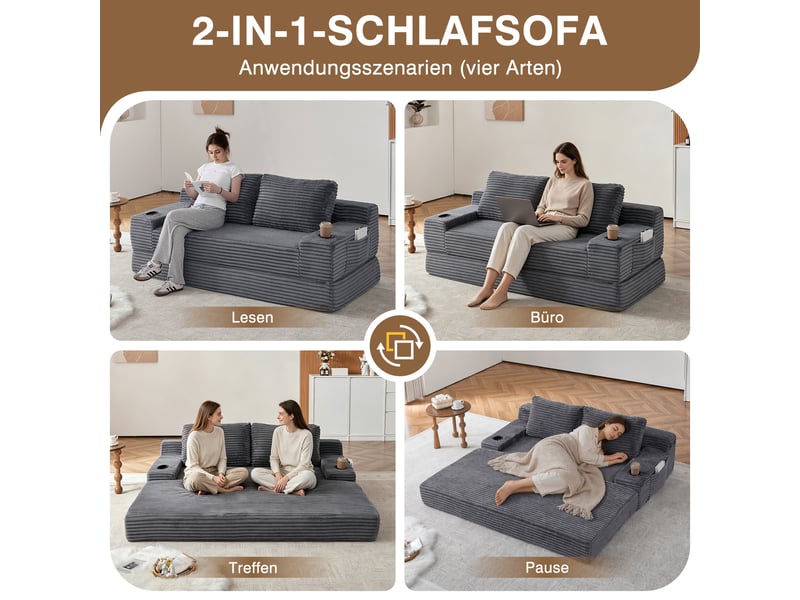 Canapé convertible 2-en-1 en velours côtelé 2 places, 2 coussins inclus, porte-gobelets, rangements latéraux - Conforama D