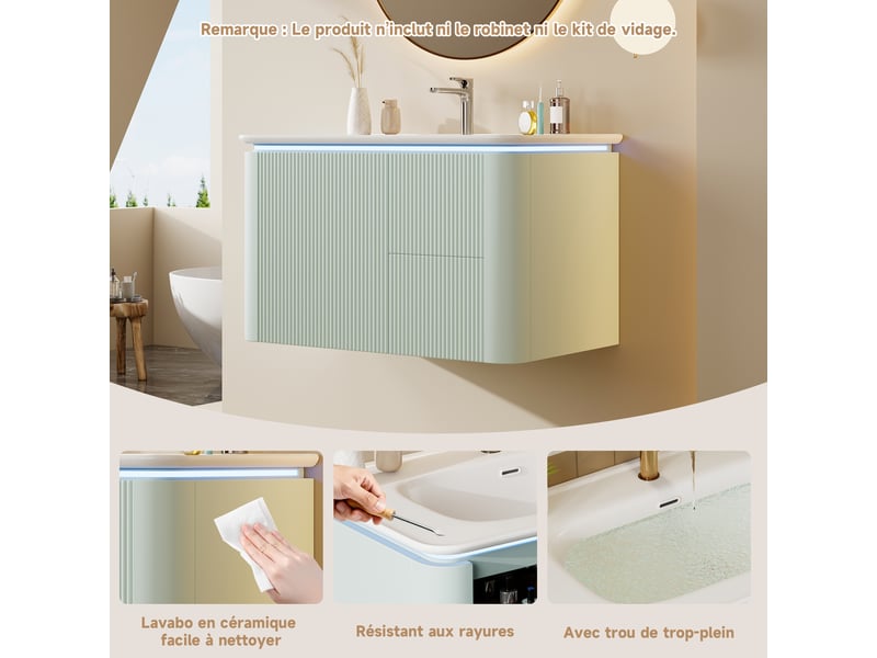 Meuble sous vasque avec 4 tiroirs, lavabo intégré et led à détecteur pour salle de bain 80,5×47,5×51 cm vert - Conforama E