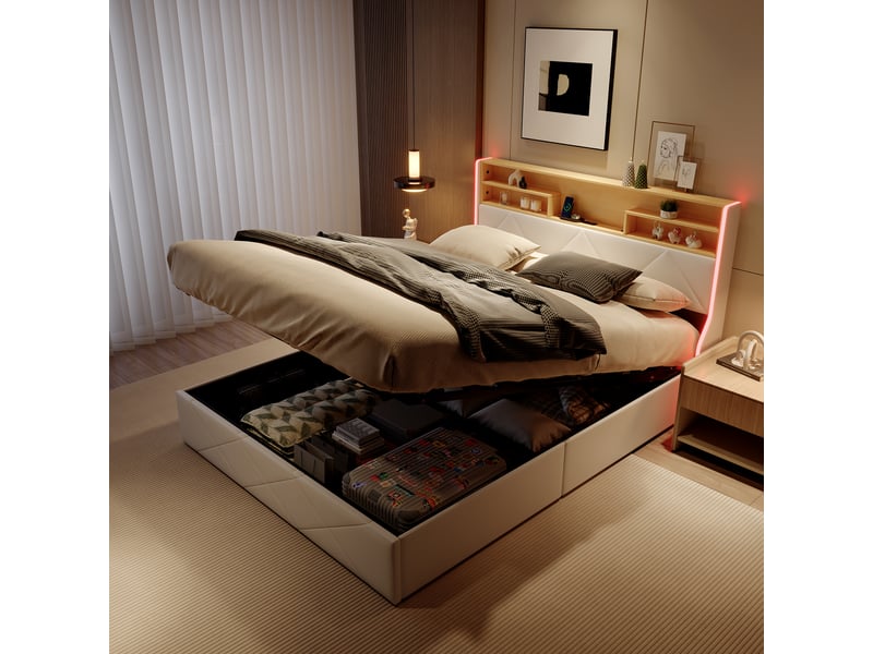  Lit coffre - pocketpop - 140x190 - pu blanc - tête de lit led et usb  - Conforama D